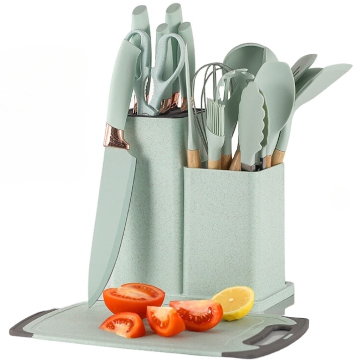 Set ustensile de bucatarie, cu 19 piese si suport, cu maner antialunecare si lama din otel inoxidabil, cu planseta de tocat inclusa, verde