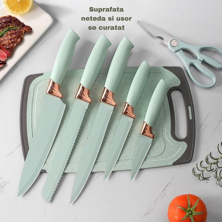Set ustensile de bucatarie, cu 19 piese si suport, cu maner antialunecare si lama din otel inoxidabil, cu planseta de tocat inclusa, verde