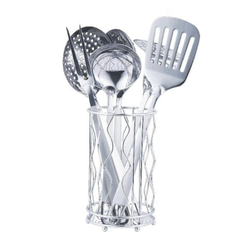 Set ustensile de bucatarie, cu 7 piese, din otel inoxidabil, cu suport vertical inclus, design deosebit, argintiu