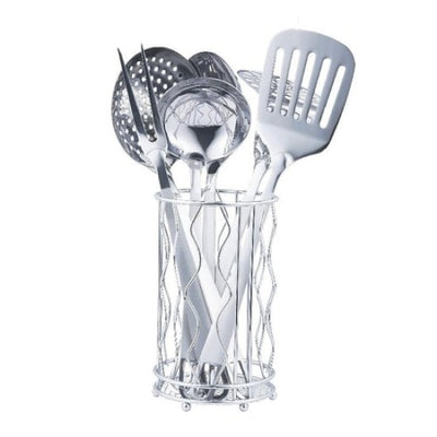 Set ustensile de bucatarie, cu 7 piese, din otel inoxidabil, cu suport vertical inclus, design deosebit, argintiu