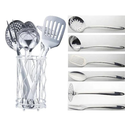 Set ustensile de bucatarie, cu 7 piese, din otel inoxidabil, cu suport vertical inclus, design deosebit, argintiu
