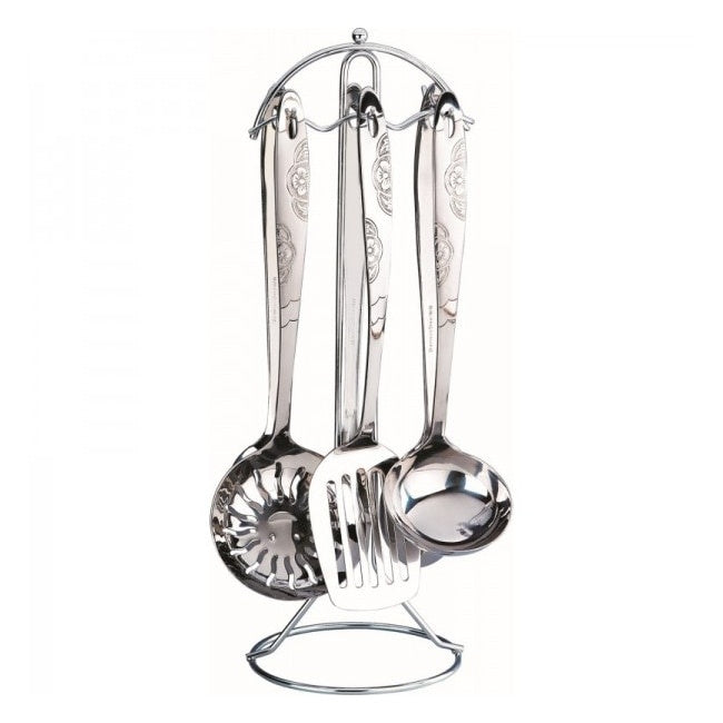 Set ustensile de bucatarie, cu 7 piese, din otel inoxidabil, cu suport inclus, compatibile cu masina de spalat vase, argintiu