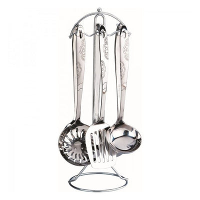 Set ustensile de bucatarie, cu 7 piese, din otel inoxidabil, cu suport inclus, compatibile cu masina de spalat vase, argintiu