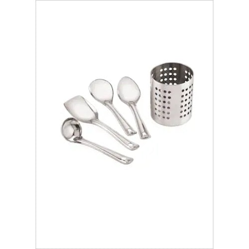 Set ustensile pentru bucatarie, cu 4 piese, din inox, cu suport de inox inclus, compatibil cu masina de spalat vase, argintiu