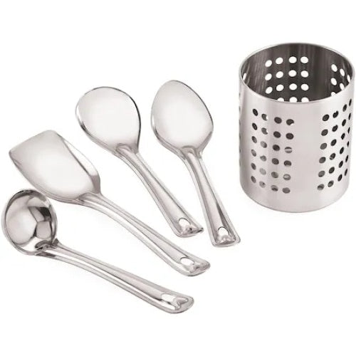 Set ustensile pentru bucatarie, cu 4 piese, din inox, cu suport de inox inclus, compatibil cu masina de spalat vase, argintiu