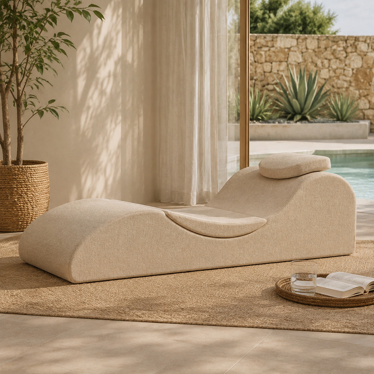 Șezlong Tip Chaise Longue cu Spătar Curbat, Bej – imagine 2