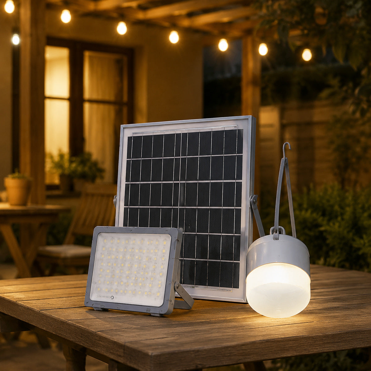 Sistem de Iluminat Solar cu Proiector, Panou și Bec Suspendat, Gri – imagine comercială