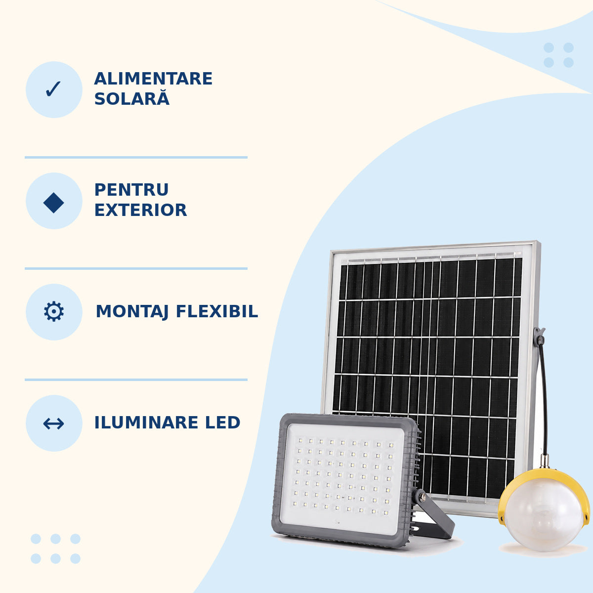 Sistem de Iluminat Solar cu Proiector, Panou și Bec Suspendat, Gri – caracteristici