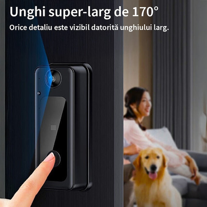 Sonerie video inteligenta, bluetooth, night vision, infrarosu, senzor IR, interfon video HD, 8MP, comunicare bidirectionala, unghi de vizualizare 170°, baterii incorporate, instalare usoara fara cabluri, negru