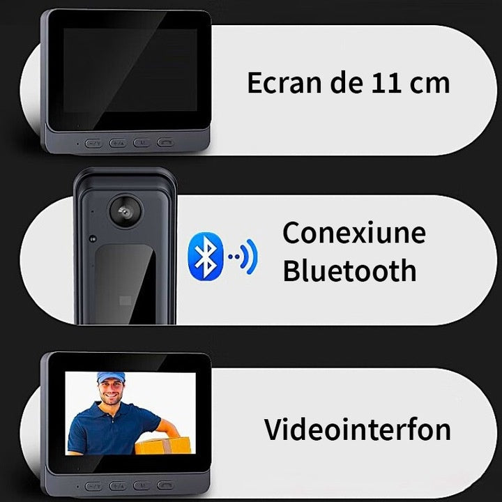 Sonerie video inteligenta, bluetooth, night vision, infrarosu, senzor IR, interfon video HD, 8MP, comunicare bidirectionala, unghi de vizualizare 170°, baterii incorporate, instalare usoara fara cabluri, negru