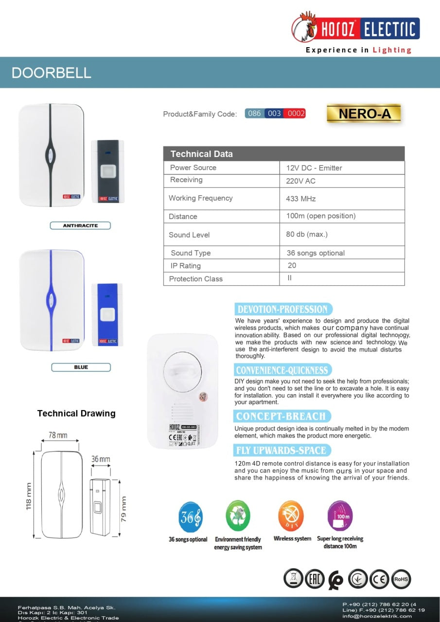 Sonerie wireless 220V, alb, 36 tonuri, raza actiune 100 m
