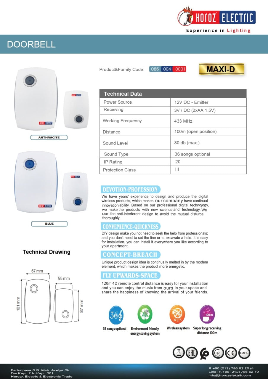 Sonerie wireless 3V MAXI-D, 36 tonuri, raza 100 m, culoare alb