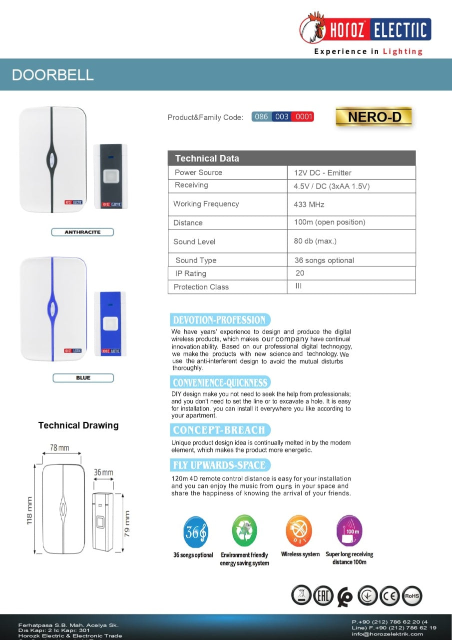 Sonerie wireless fara fir, 4.5V, alb, 36 tonuri, raza 100 m