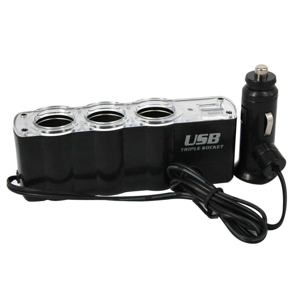 Splitter priza auto cu cablu FOXMAG24®, 3 x soclu bricheta si 1 USB, negru