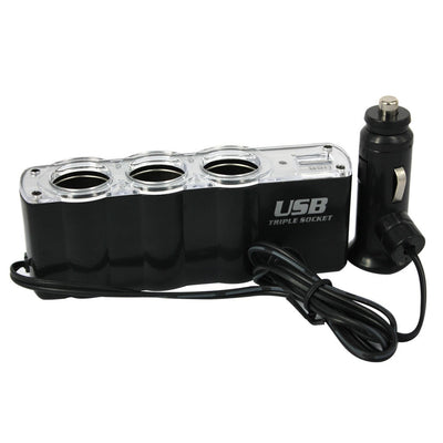 Splitter priza auto cu cablu FOXMAG24®, 3 x soclu bricheta si 1 USB, negru