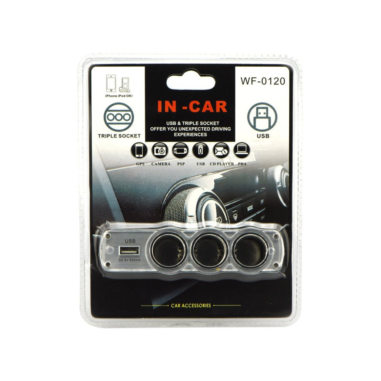 Splitter priza auto cu cablu FOXMAG24®, 3 x soclu bricheta si 1 USB, negru