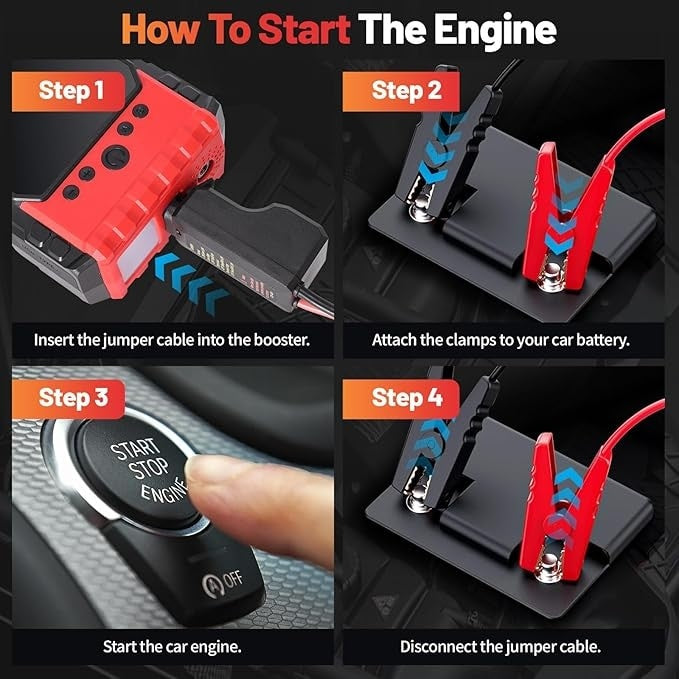 Starter auto 4 in 1, Power Bank, booster baterie auto, compresor de aer, Power Bank cu afisaj digital, lumina de urgenta, negru/rosu