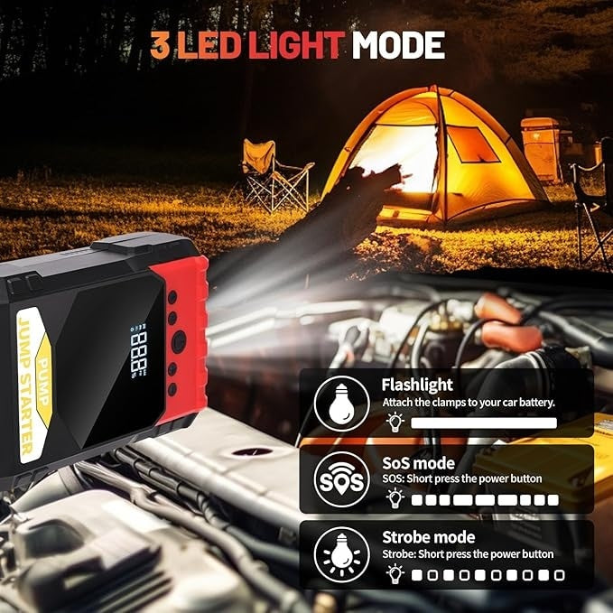 Starter auto 4 in 1, Power Bank, booster baterie auto, compresor de aer, Power Bank cu afisaj digital, lumina de urgenta, negru/rosu