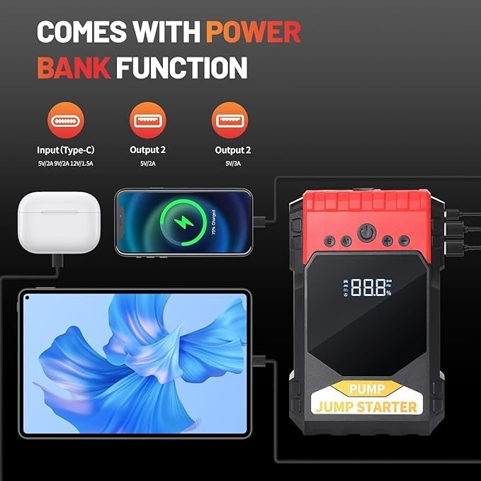 Starter auto 4 in 1, Power Bank, booster baterie auto, compresor de aer, Power Bank cu afisaj digital, lumina de urgenta, negru/rosu