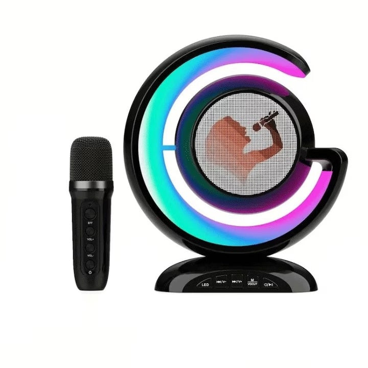 Statie smart, microfon si boxa wireless, pentru karaoke, copii sau adulti, cu slot pentru card, sau conectare la telefon, portabila, negru