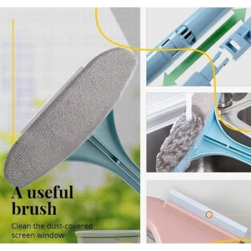 Stergator de geamuri, racleta, cu capat textil, pentru geamuri si alte suprafete, cu maner detasabil, perie universala, albastru