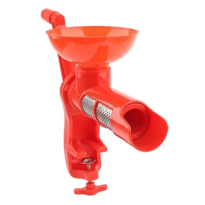 Storcator de rosii, cu actionare manuala, sita din inox, cu dispozitiv de fixare pe masa, din plastic rezistent si inox, rosu