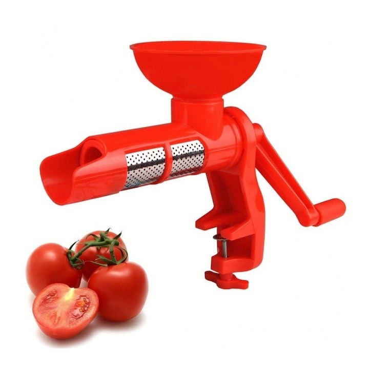 Storcator de rosii, cu actionare manuala, sita din inox, cu dispozitiv de fixare pe masa, din plastic rezistent si inox, rosu