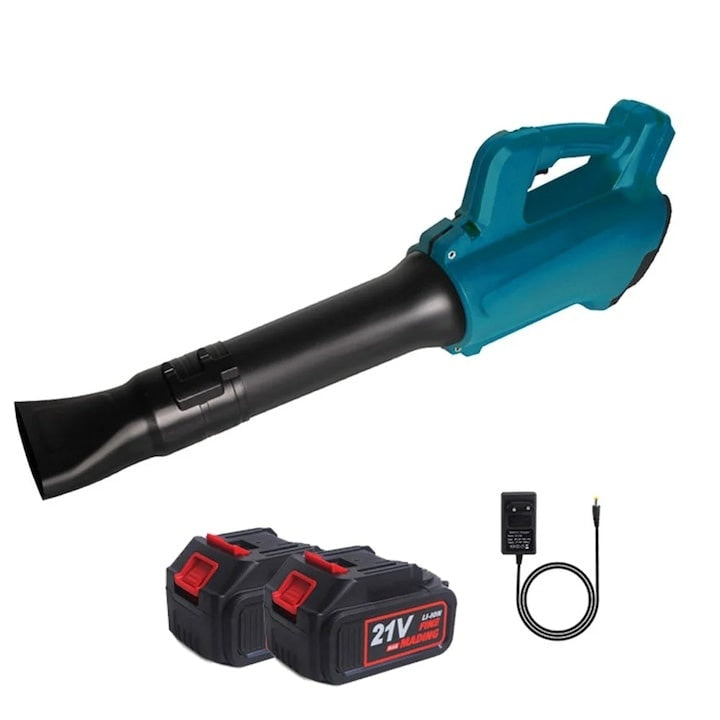 Suflanta pentru frunze, gradina, cu 2 acumulatori 21V, din plastic dur, buton de control pentru viteze, incarcator, negru/verde