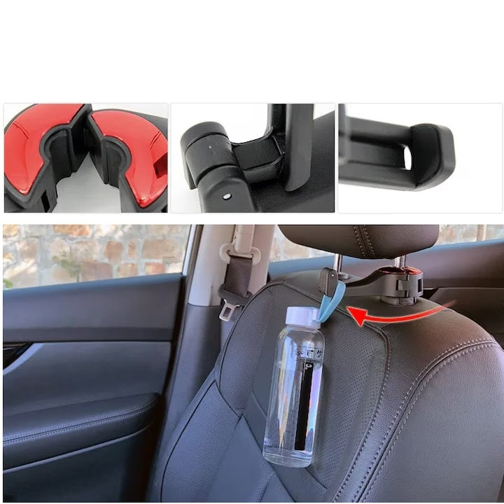 Suport auto multifunctional cu prindere de tetiera, pentru telefon sau tableta, accesoriu pentru sticle sau genti, din ABS, rosu/negru