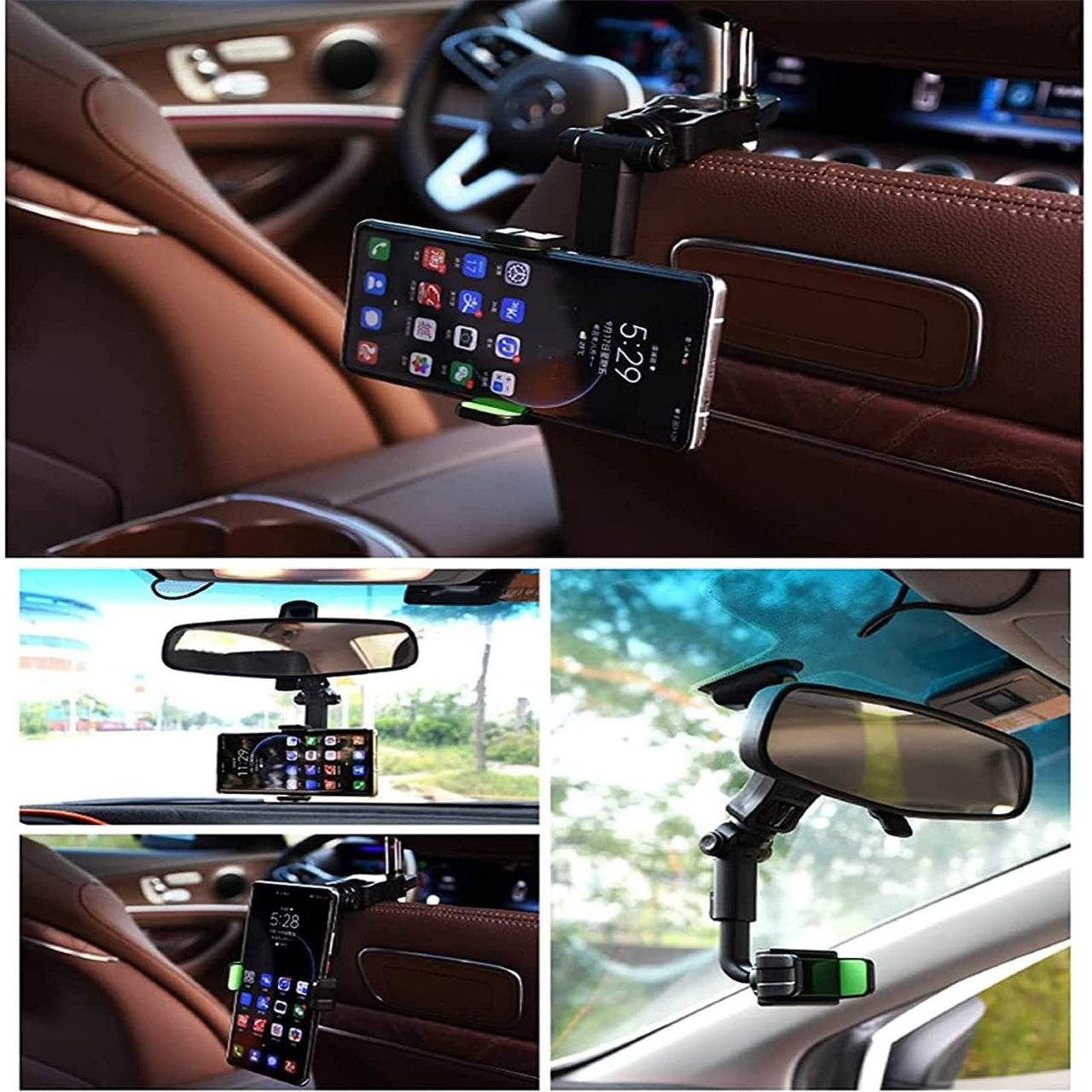 Suport auto pentru telefon, cu prindere pe oglinda retrovizoare, cu rotire 360°, usor de instalat, negru