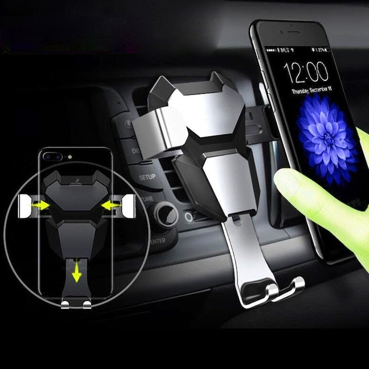 Suport auto pentru telefon, universal, cu rotire la 360 grade, din aluminiu, dimensiuni 11.5 cm X 9.1 cm, argintiu/negru