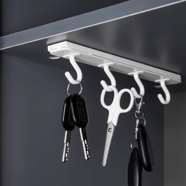 Suport autoadeviz pentru ustensile bucatarie, retractabil, cu 4 carlige, dimensiuni 26.4 x 4.6 x 3 cm, din plastic, alb