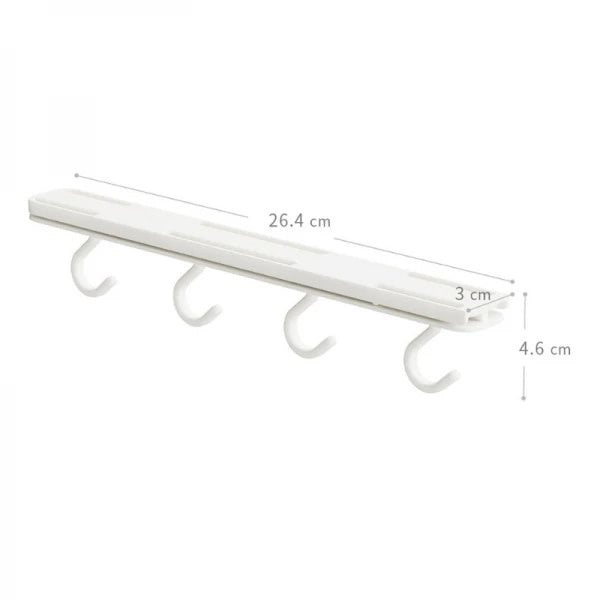 Suport autoadeviz pentru ustensile bucatarie, retractabil, cu 4 carlige, dimensiuni 26.4 x 4.6 x 3 cm, din plastic, alb