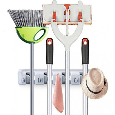 Suport de perete pentru maturi si mopuri Broom Holder, 4 spatii si 5 carlige