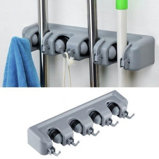 Suport de perete pentru maturi si mopuri Broom Holder, 4 spatii si 5 carlige