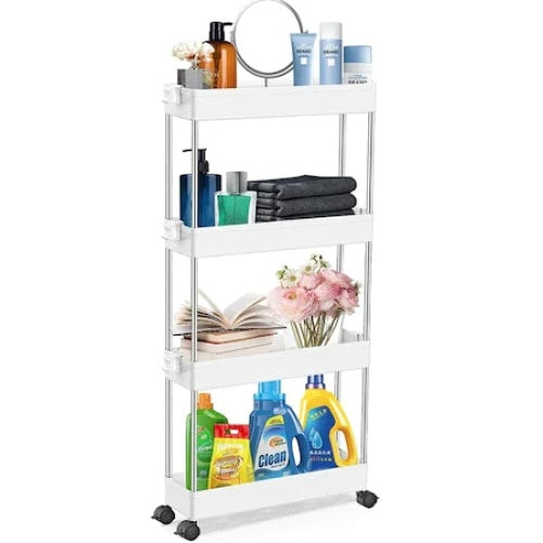 Suport depozitare, cu 4 rafturi, tip carucior, din metal si plastic, cu siguranta antialunecare, alb