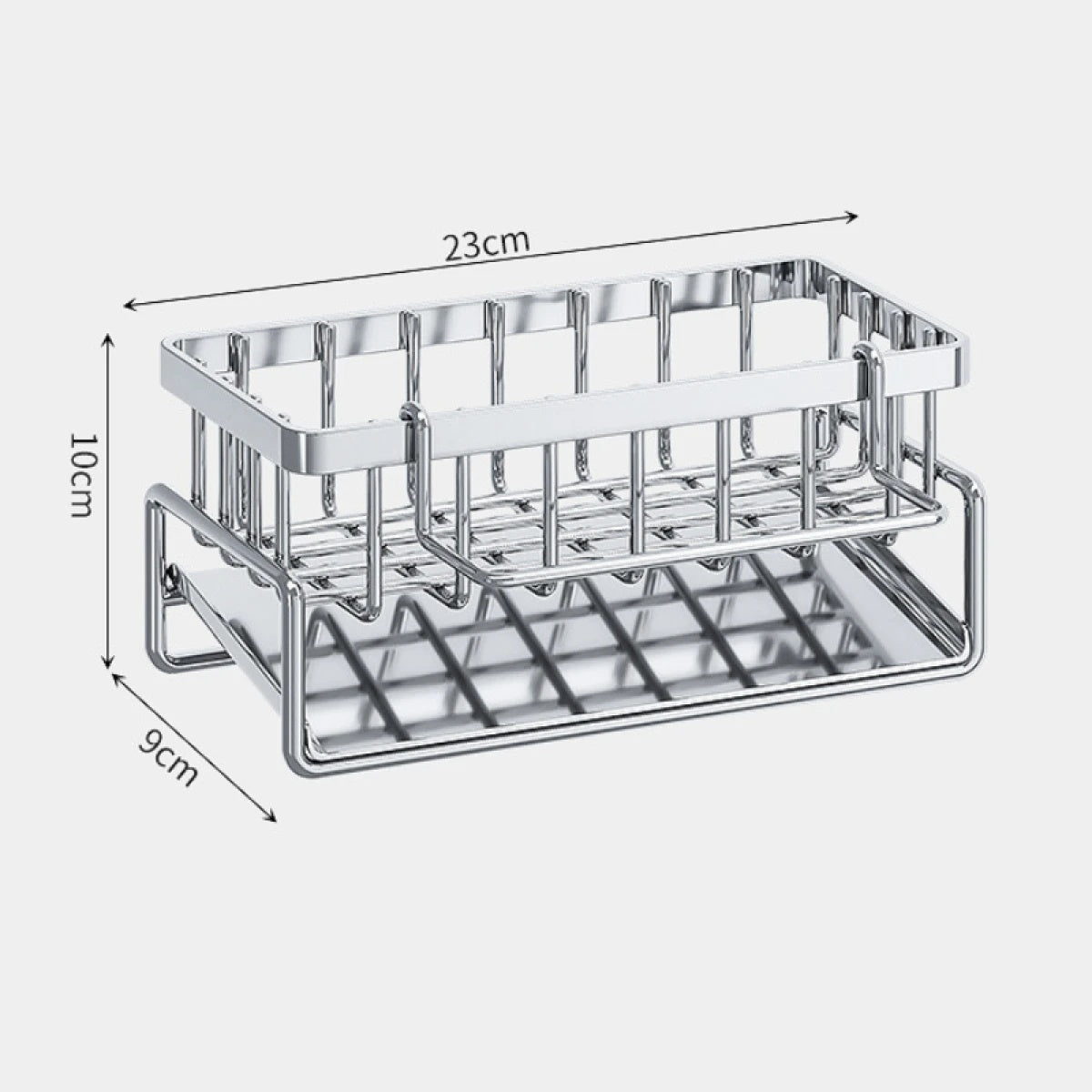 Suport din inox cu scurgere pentru burete vase, dimensiuni 23 x 10 x 9 cm, argintiu
