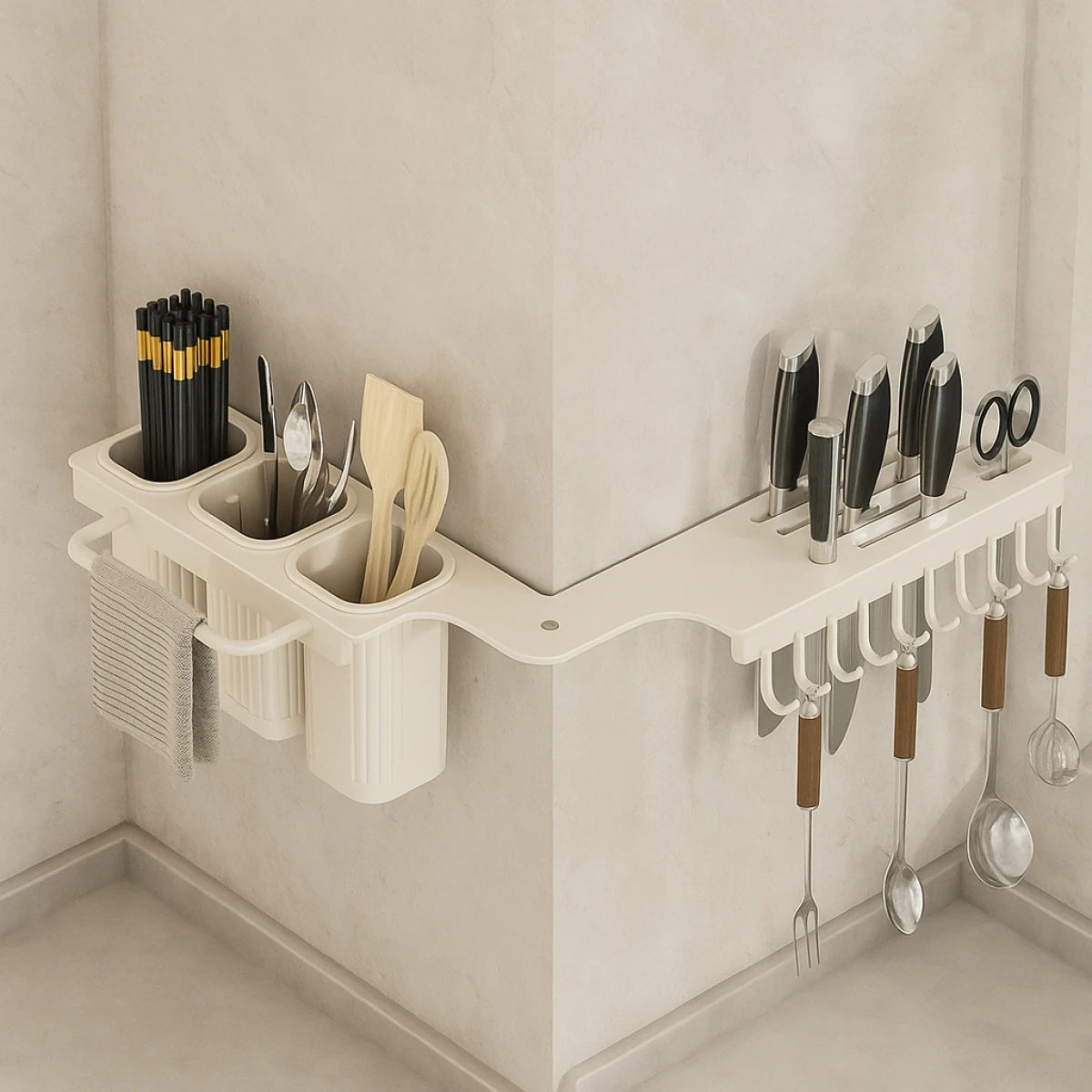 Suport dublu pentru bucatarie din metal, pliabil, 2 moduri de montare, multifunctional, dimensiuni 67 x 9 x 12 cm, bej