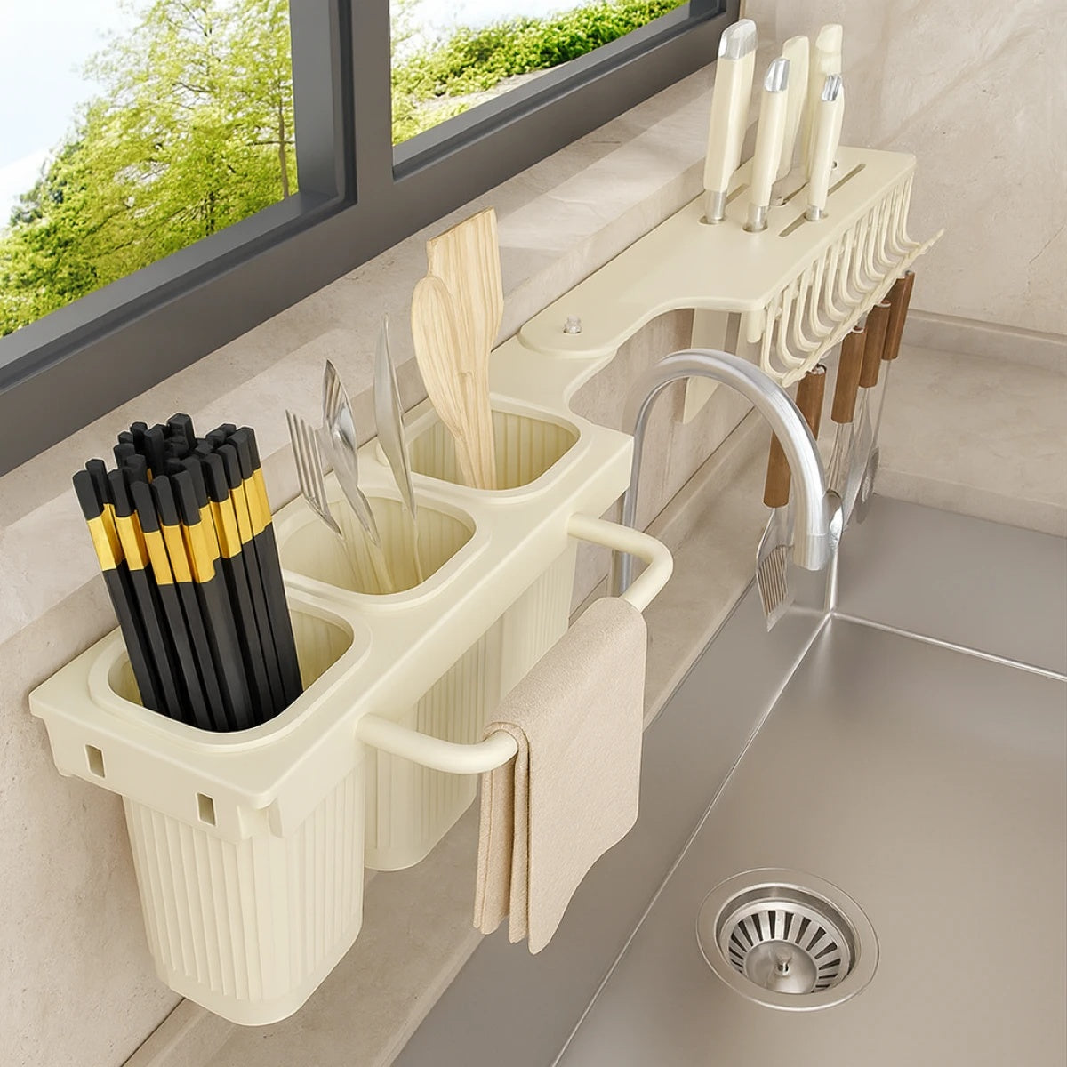 Suport dublu pentru bucatarie din metal, pliabil, 2 moduri de montare, multifunctional, dimensiuni 67 x 9 x 12 cm, bej