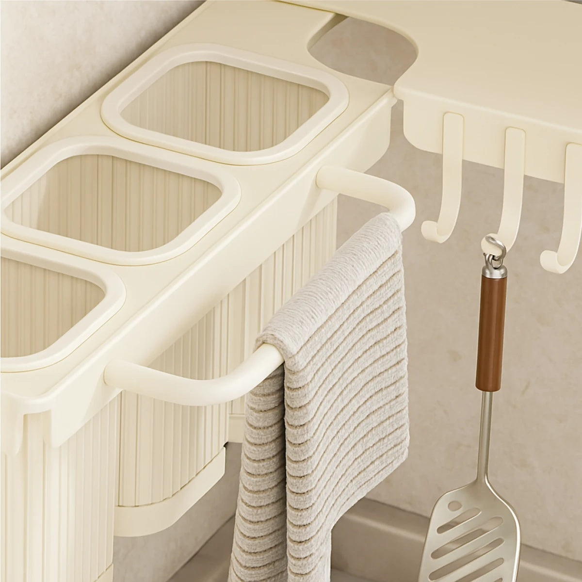 Suport dublu pentru bucatarie din metal, pliabil, 2 moduri de montare, multifunctional, dimensiuni 67 x 9 x 12 cm, bej