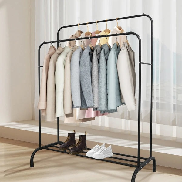 Suport dublu pentru haine, cu raft pentru incaltaminte, dimensiuni 110 cm x 54.5 cm x 150 cm, din metal, negru