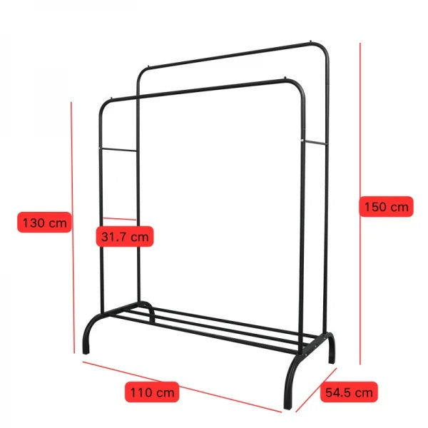 Suport dublu pentru haine, cu raft pentru incaltaminte, dimensiuni 110 cm x 54.5 cm x 150 cm, din metal, negru