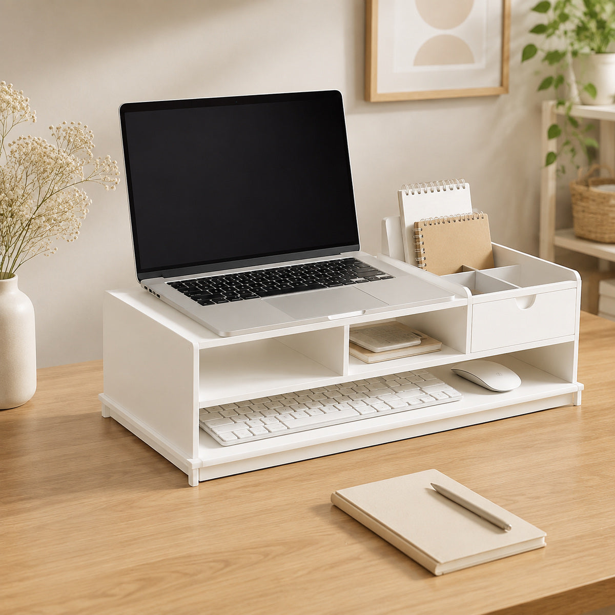 Suport Ergonomic pentru Monitor și Laptop, cu Compartimente, Alb – imagine comercială
