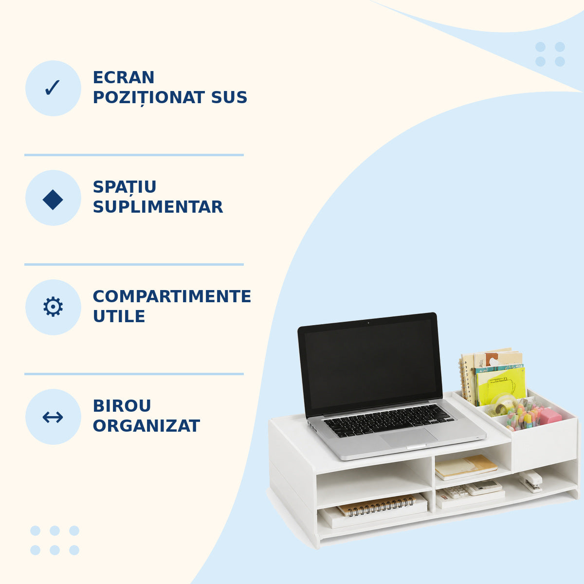 Suport Ergonomic pentru Monitor și Laptop, cu Compartimente, Alb – caracteristici