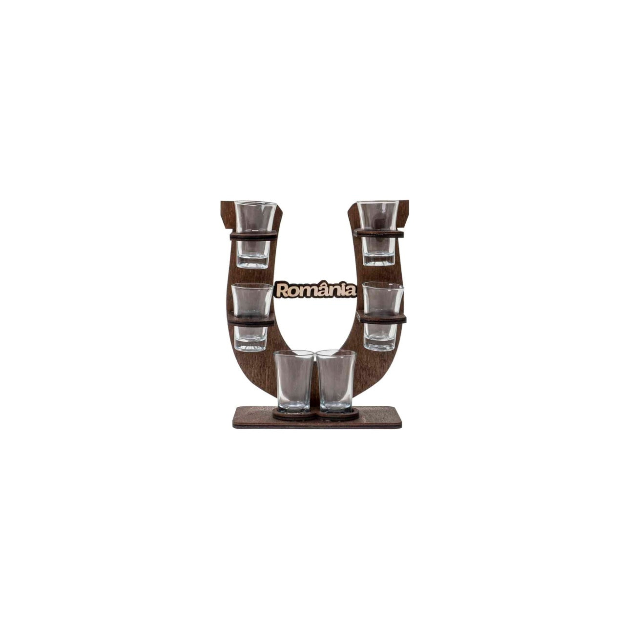 Suport forma potcoava cu 6 pahare pentru tuica, 50ml, 18x24cm