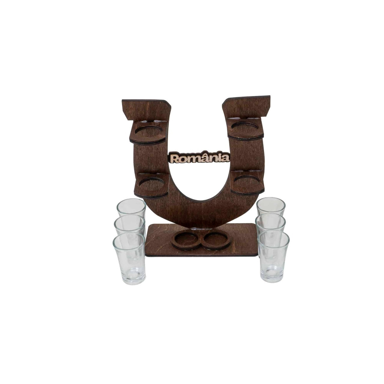 Suport forma potcoava cu 6 pahare pentru tuica, 50ml, 18x24cm