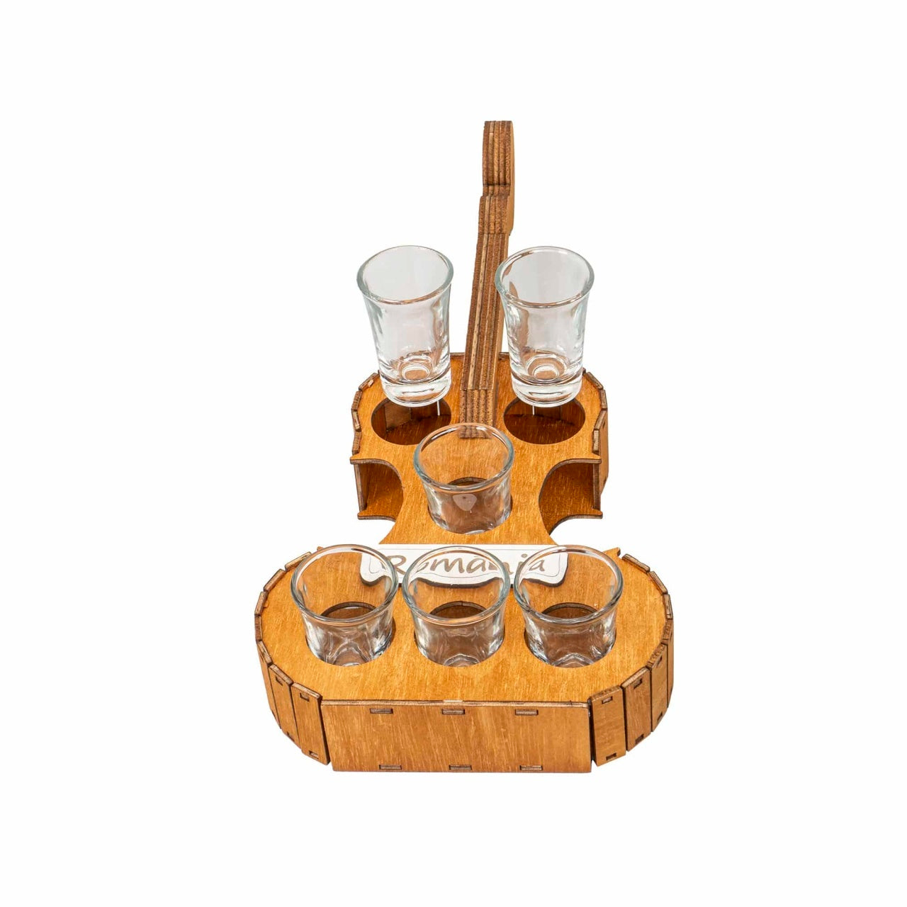 Suport forma vioara cu 6 pahare shot pentru tuica, 50ml, 44x19cm, maro