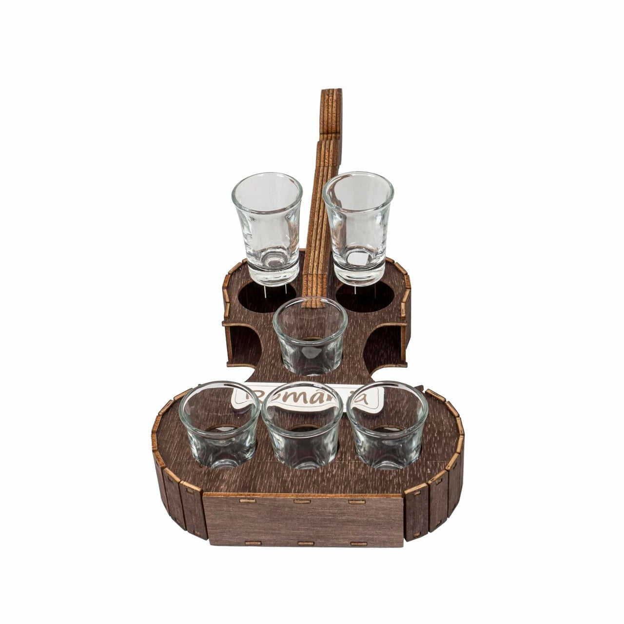 Suport forma vioara cu 6 pahare shot pentru tuica, 50ml, 44x19cm, maro