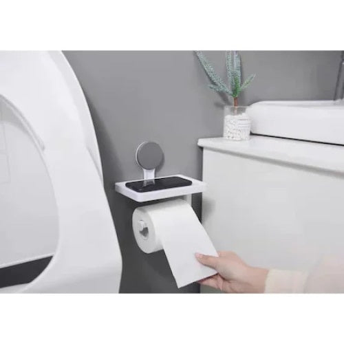 Suport hartie igienica, cu raft depozitare telefon sau alte accesorii, prindere cu ventuza, din plastic, alb