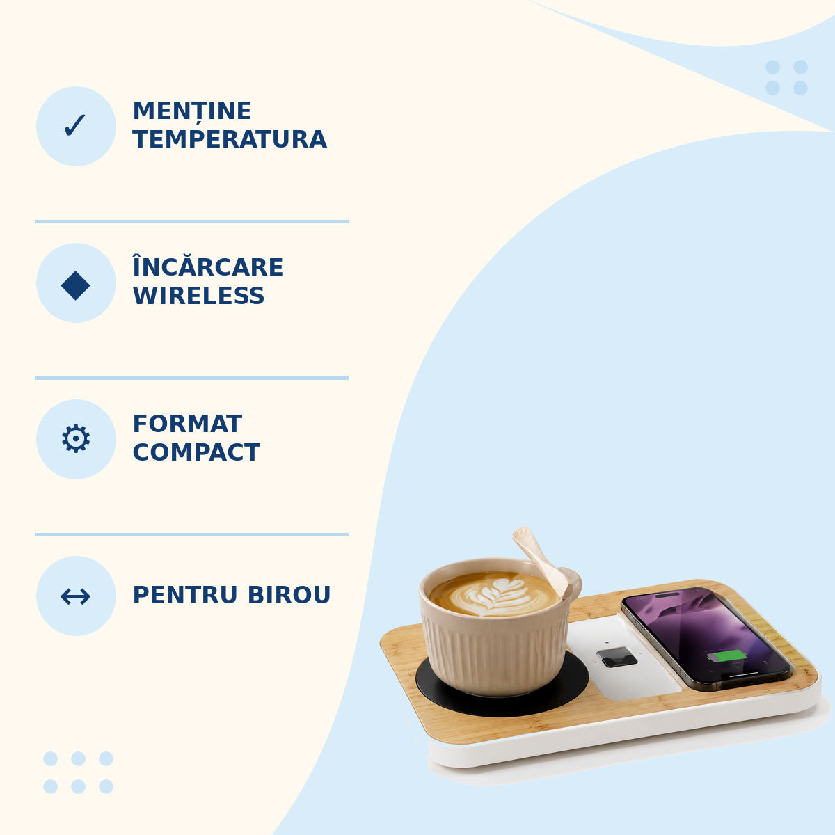 Suport Încălzitor pentru Cană cu Încărcare Wireless pentru Telefon, Lemn – imagine 3